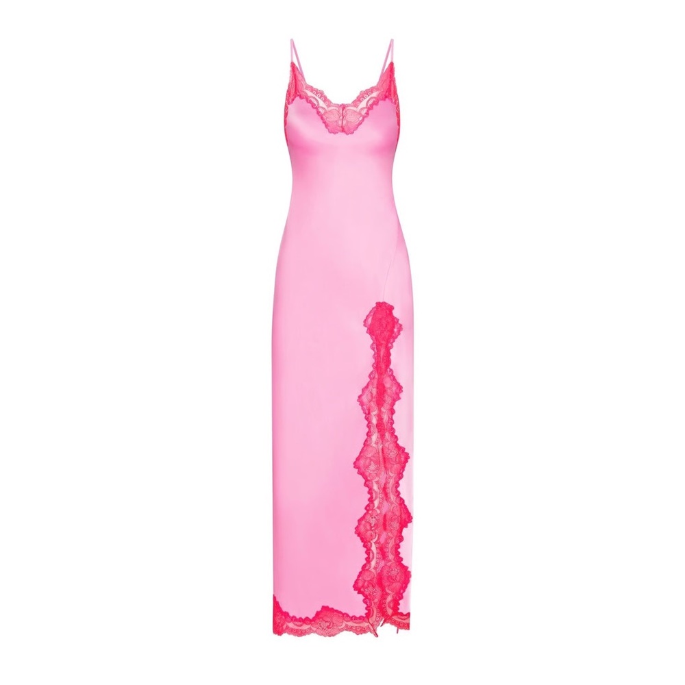 Skims Stretch Satin Lace Long Dress Neon Orchid Valentine’s Day Lana Del Rey NWT - Picture 5 of 5